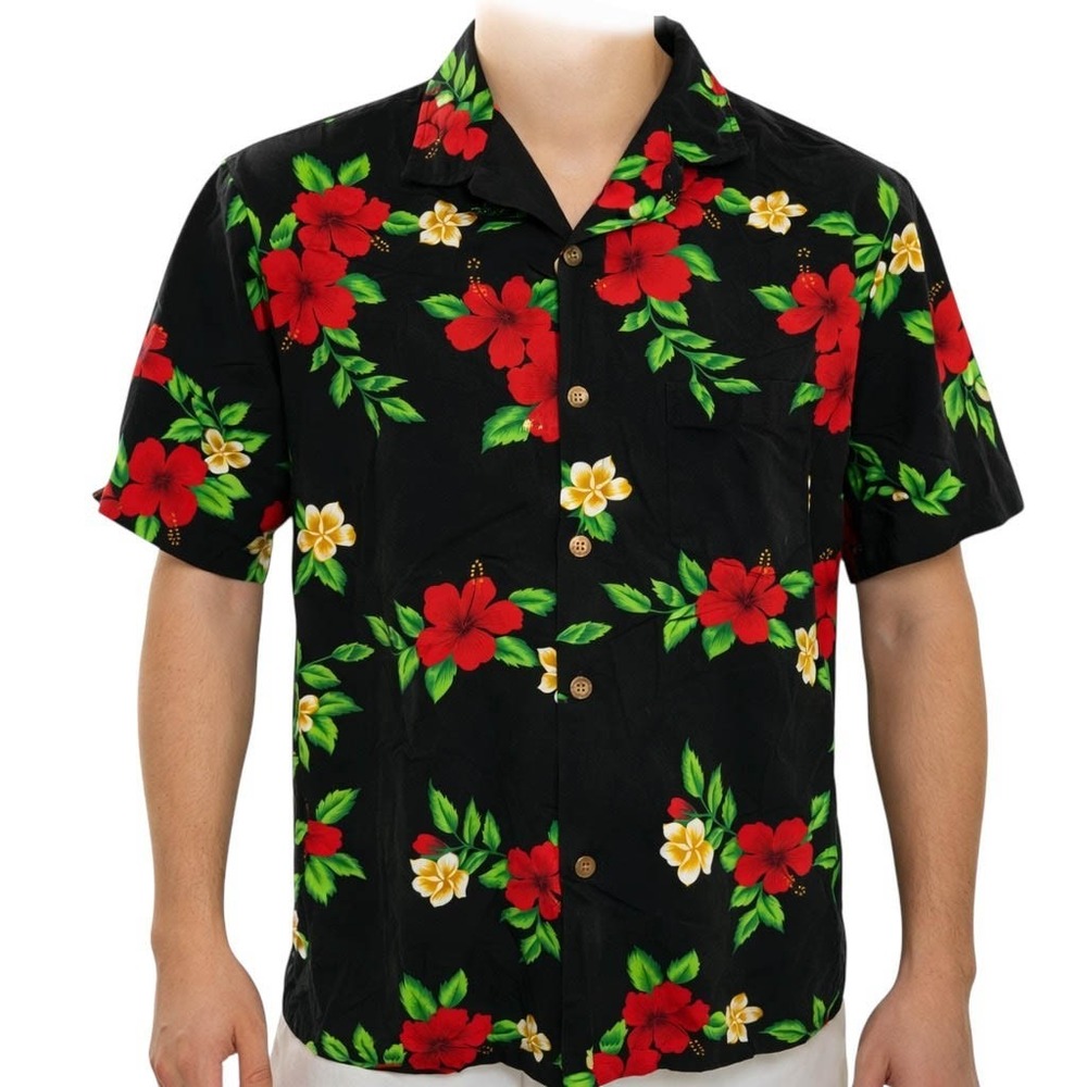 Royal Hawaiian Creations Aloha Shirt XL‎ Floral Hibiscus Plumeria Black Red